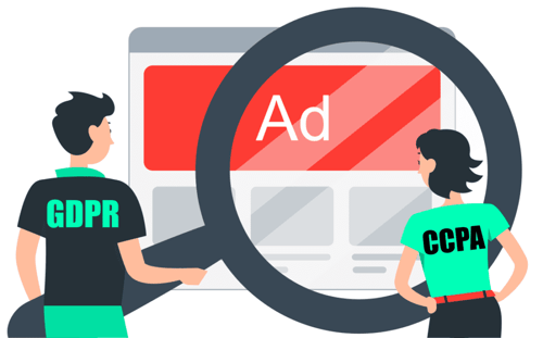 Digital Ad viewed through a magnifying glass by a man and a woman. The woman's shirt says CCPA, the man's shirt says GDPR to convey the regulations relevant to digital advertising.