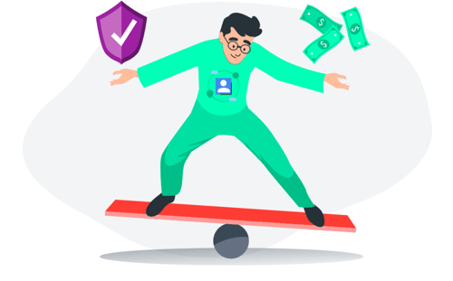 A man balancing on a lever with a shield over one shoulder and money over the other indicating the balancing act between privacy and economics in digital advertising.