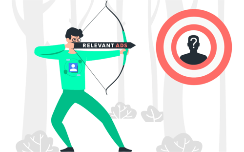 An archer with drawing a "relevant ads" arrow aimed at an unknown user inside a target demonstrating the challenge of finding the right audience.