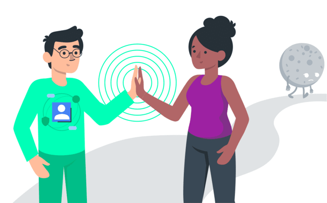 A cookie walks away in the background as a man and woman high five indicating they've found the balance between commerce and privacy.