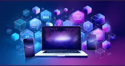 computer and mobile with various apps and images running